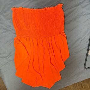 Bright Orange Smocked Strapless Romper